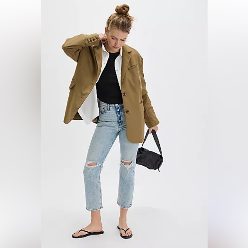 Free People Oversized Boxy Fit Neutral 2 Button Blazer Jacket with Pockets